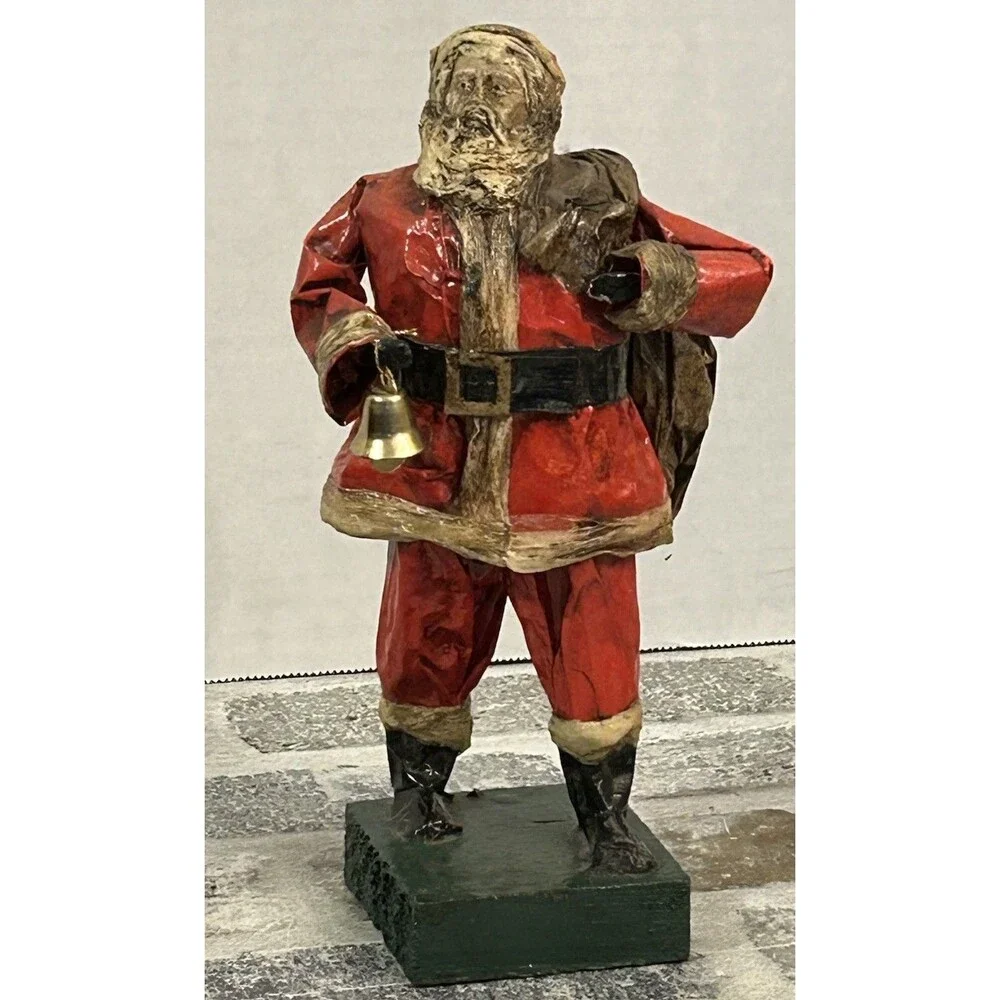 Vintage Folk Art Paper Mache’ Santa Claus Figurine Bell Bag Of Toys 8.5” High
